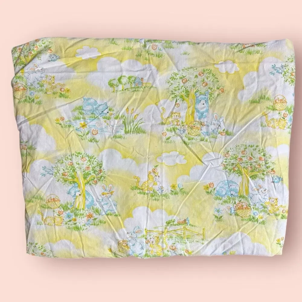 Vtg Dundee Crib Sheet Yellow Bear Bunny Cats Tree Farm 80s Baby Retro Kitschy